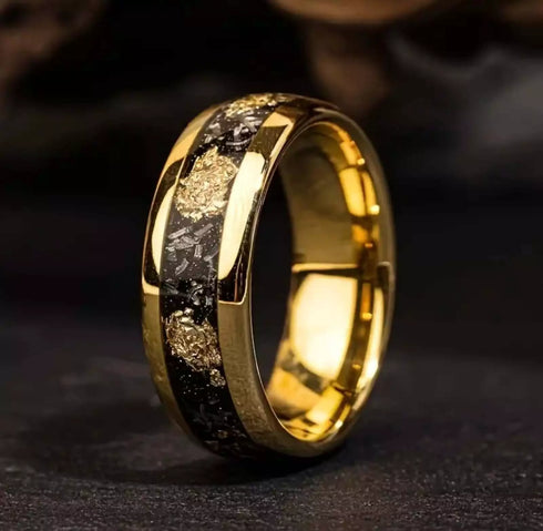 Men's 8mm Tungsten Gold Leaf Flakes & Crushed Meteorite Comfort-Fit Wedding Band
